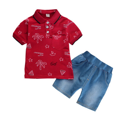 

Summer Kids Clothes for Boys Clothes Short Sleeve Cartoon Print Tops Blouse T-shirtDenim Shorts Children Casual Sets