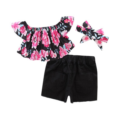 

Cute 3Pcsset Baby Girl Off Shoulder Floral Tops Blouse Hole Solid Denim Shorts Headband Clothes Set