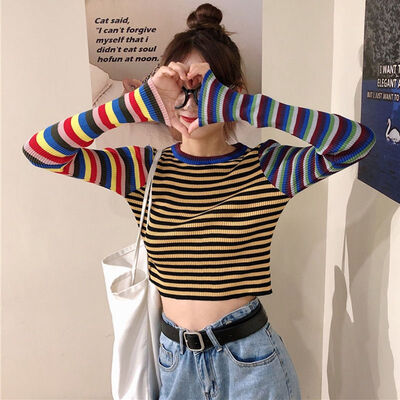 

EFINNY Fashion Slim Short T-shirt Female Crop Tops Striped Knitted Tee Tops Long Sleeve Casual Shirts