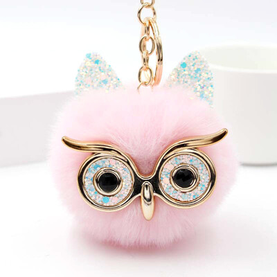 

Free Shipping Glasses Owel Charms Plush Phone Case Straps Rabbit Fur Like Key Chain Owels Poms Ball Pendant Keychains Car Keyring