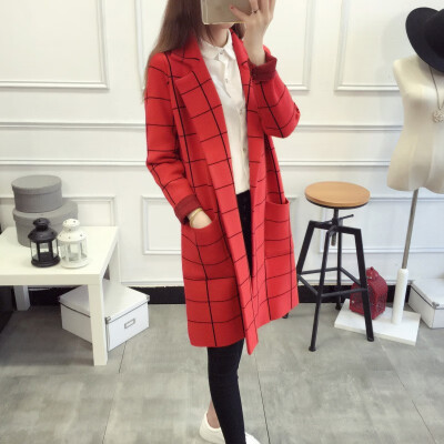 

Womens wear of 2018 new Korean suit-collar plaid knitted sweater with a long&loose cardigan jacket