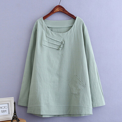 

Womens Ethnic Round Collar T-Shirt Button Loose Pullover Long Sleeve Baggy Tops