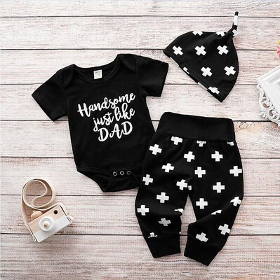 

3Pcs Infant Baby Boy Clothes Letter Print Romper Long Pant Hat Outfit Set