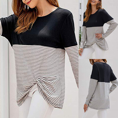

Tailored Women O-Neck Stripe Print Patchwork Long Sleeves Blouse Easy Tops