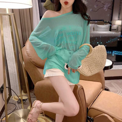 

Thin Women T Shirt Round Collar Summer Letter Print Sun Protection Long Sleeve Casual Simple Tshirt Section Wild T-Shirt Tops