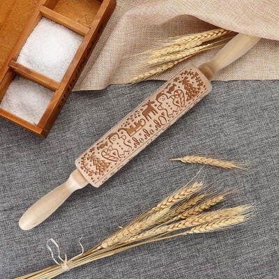 

Gobestart Christmas Rolling Pin Engraved Carved Wood Embossed Rolling Pin Kitchen Tool