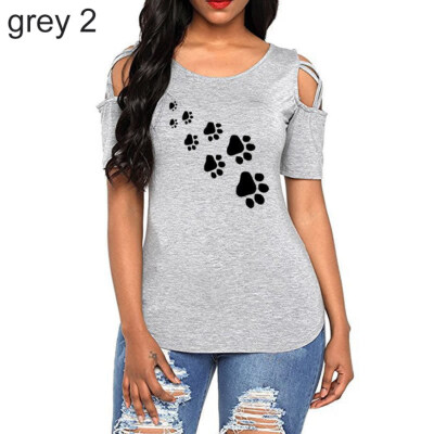 

Summer Casual Paw Print Cross Off Shoulder Short Sleeve O-Neck Women T-Shirt Top