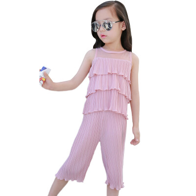 

2pcs Summer Baby Girls Fashion See-through Sleeveless Solid Print T-shirt TopsCropped trousers Children Kids Girl Costume Set