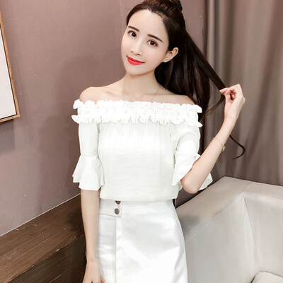 

Fashion Women Off Shoulder Top Long Sleeve Pullover Casual Blouse One-Piece Collar Wooden Ear Chiffon Shirt