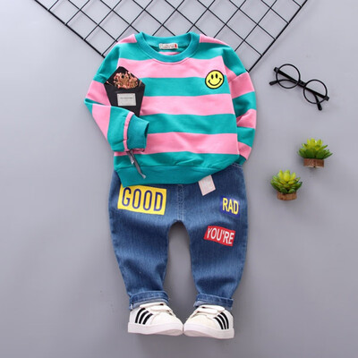

Autumn Baby Boy Girl 2pcs Sets Striped Print Long Sleeve Sweatshirt Blouse Letters Trousers Casual Outfits Clothes