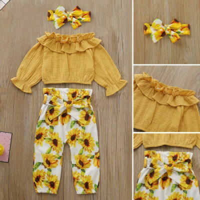 

Autumn Toddler Baby Girls Ruffle Tops T-Shirt Sunflower Pants Headband Outfits