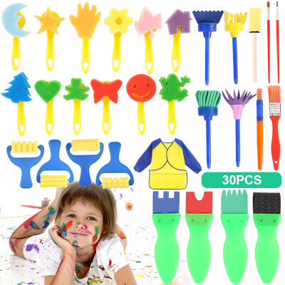 

30Pcsset Kids Painting Brushes Sponges Paint Apron Set for Children Toddler