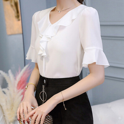 

Summer Womens Office Lady Temperament Shirt V-Neck Half Sleeve Ruffles Chiffon Blouse Solid Shirts