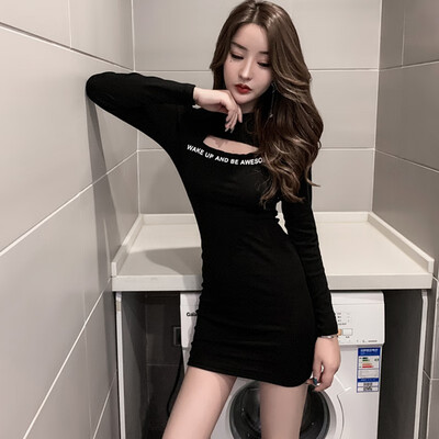 

Womens Autumn Winter Sexy Mini Dress Elegant Letter Print Long Sleeve Female Clubwear Bodycon Slim Vestidos