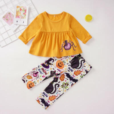 

Halloween Toddler Baby Kids Girl Pumpkin Tops Shirt Floral Pants Outfits Clothes