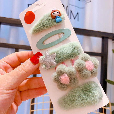 

Baby Children Clips 3-12T New Autumn Winter Candy Color Plush Princess Cartoon Imitation Flower Hair Duckbill Clips 5 Pieces