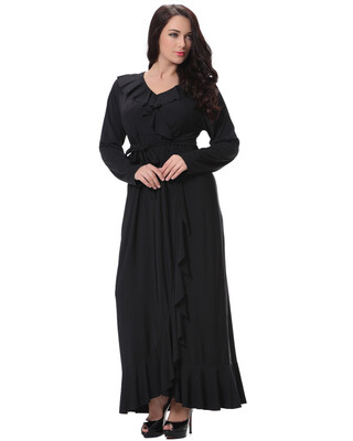 

Sexy Women V Neck Long Sleeves Plus Size Dress Ruffles Irregular Hem Big Size Solid Maxi Dress Black