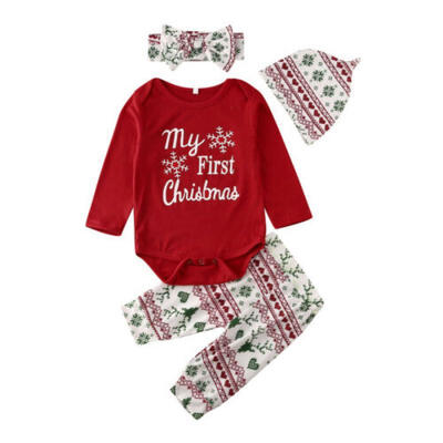 

4Pcs Newborn Baby Boys Girls My First Christmas Romper Tops Pants Hat Outfit Set