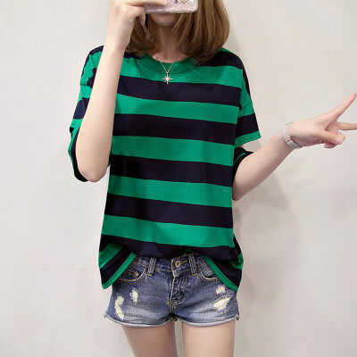 

JOY OF JOY 2019 summer round neck Korean version of the bottom stripe bat half sleeve womens loose wild T-shirt womens tide JWTD191266 green stripes