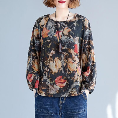 

Women Vintage Loose Blouse Printed Raglan Long Sleeves Oversized Plus Size Cotton Linen Spring Autumn Casual Tops