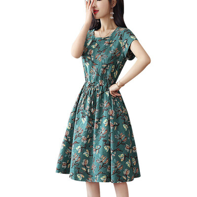 

Floral Printed Casual Dress Women Lace Up A-Line Summer Dresses O-Neck Short Sleeve Knee-Length Dress 2019 Women New Fashion