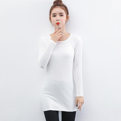 

Women T-shirt Comfortable Stretch Cotton Blends Ribbed Round Neck Long Sleeve Slim Casual Basic Tops