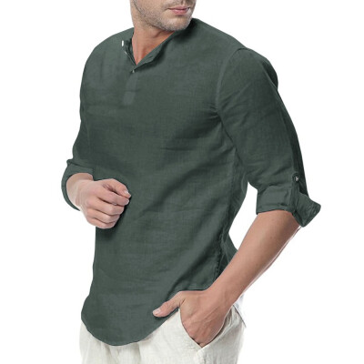 

Tailored Mens Linen Button Three Quarter Sleeve Solid Color Loose Casual T Shirt Blouse