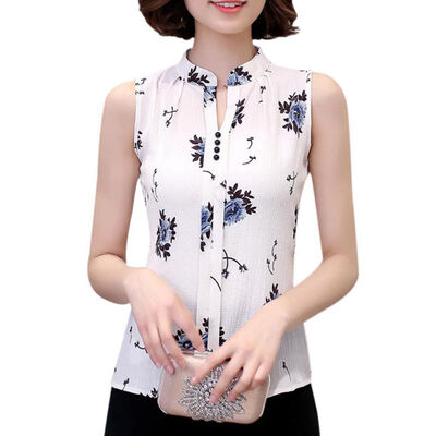 

Women Blouse Tops Chiffon Casual Sleeveless V-Neck Fashion Women Shirt Print Blouses Ladies Blusas White Summer Spring