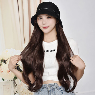 

Gobestart Hat Wig One Wig Female Long Curly Hair Big Wave Wig Set Hat