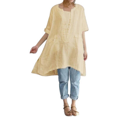 

Women Blouse Short Sleeve Long Section Cotton And Linen Summer T-Shirt Tops