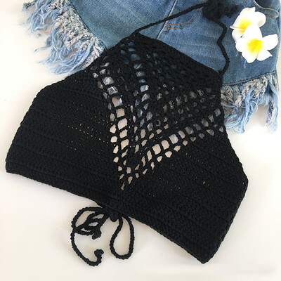 

Sexy Women Crochet Bikini Kniting Halter Top Solid Color Wrapped Chest Bra Sheer