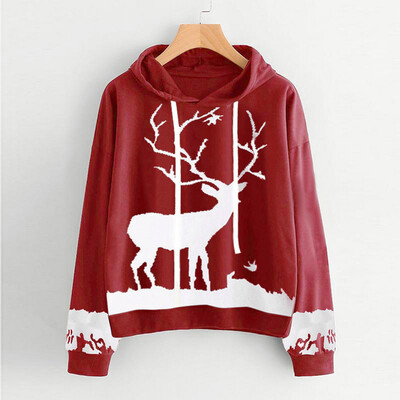 

Gobestart Womens Hoodie Christmas Monochrome Reindeer Printed Drawstring Tops Blouse
