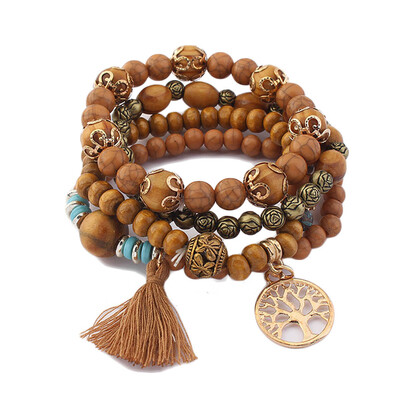 

creative hollow tree bracelet retro wooden beads beaded multi layer stretch hand string gift