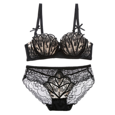 

Women Sexy Lingerie Lace Solid Color 34 Cup Push Up Steel Ring Padded Gathered Bra Underwear Set
