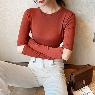

Women Slim Round Collar Summer Solid Color Openwork Long Sleeve Casual Simple Wild Tops