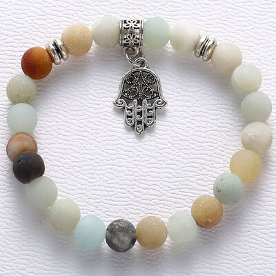 

New Mode Style Natural Stone Fatima Hand Palm Bracelet Fashion Pine Stone Beaded Round Beads Rope Bracelets For Man Women Gifts