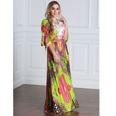 

Women Plus Size Muslim Dress Colorful Crochet Lace V Neck High Waist Tied Belt Long Gown Islamic Robe