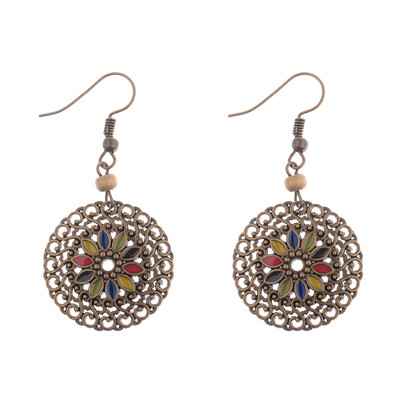 

Flower Pattern Sweet Dangle Earrings Boho Style Vintage Hollow Round Lady Girls Pendant Hollow Enamel