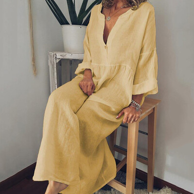 

Casual Women Autumn Dress Loose Solid Button Prairie Chic Femme Pullover Long Sleeve Long Dress