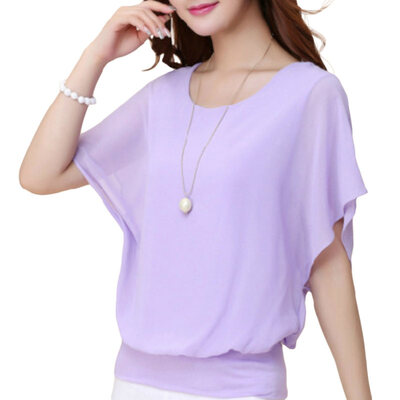 

Fashion Women Chiffon Solid Color O Neck Batwing Sleeve Loose Blouse T-shirt Top