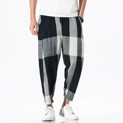 

Gobestart Mens Casual Vintage Loose Cotton Linen Plaid Patchwork Ankle-Length Pant