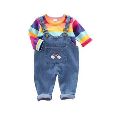 

0-4T Kids Girl Overalls Sets Rainbow Striped Shirts With jeans children long trousers girls suspenders denim Bib pants child