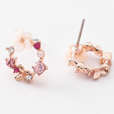 

Cute Korean Colorful Rhinestone Shell Flower Circle Stud Earrings For Women Sweet Fashion Wreath Ear Jewelry Gift