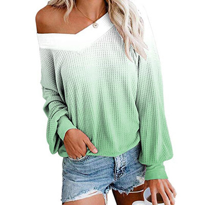 

Tailored Womens V Neck Long Sleeve Dyes Print Knit Top Off Shoulder Pullover Sweater