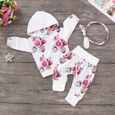 

Baby Girl Clothes Set Infant Newborn Long Sleeve Floral Print Hoodie Sweatshirt Pants Headband 3Pcs Outfits Tracksuit 0-24M