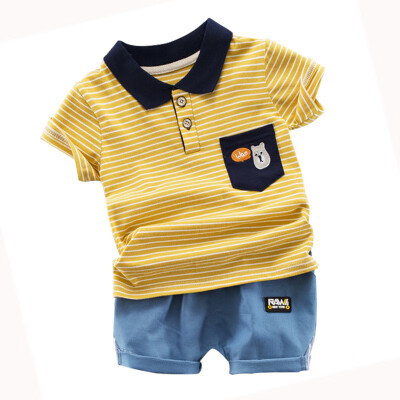 

Kids Cotton Clothes Summer Baby Boys Short Sleeve Striped Cartoon Print Tops Blouse T-shirtShorts Children Casual Outfits Sets