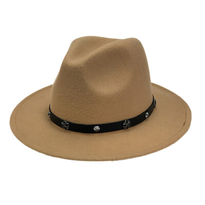 

Vintage Women Men Woolen Western Cowboy Hat With Wide Brim Leather Belt Cowgirl Jazz Cap