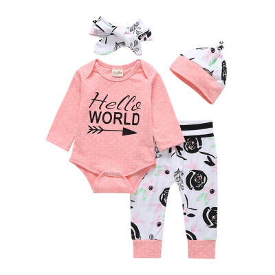 

Baby Girls Set For Leisure Spring Autumn Casual Fashion Baby Girl Printing Rompers And Trousers Kids Four-piece Outfit Set Girl