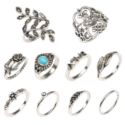 

Bohemia Antique Silver Love Flower Rose Leaves Carved Rings Set Knuckle Rings for Women Jewelry