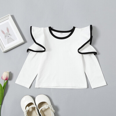 

Spring Autumn Baby Girls Fashion Sweatshirts Childrens Striped Cotton Ruffle Sleeve Pullover Solid Color Tops For 1-5T